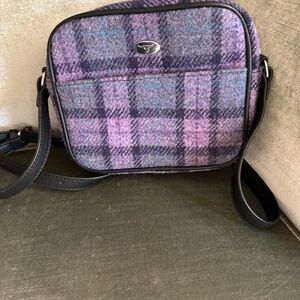 Scottish Harris Tweed small shoulder crossbody bag. Purple plaid.